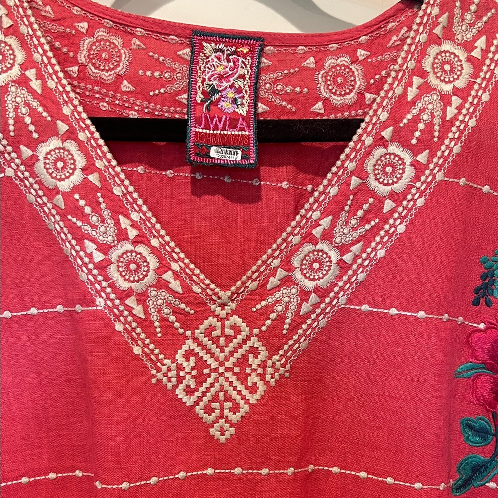 Johnny Was Coral Embroidered V-Neck Tunic Top
